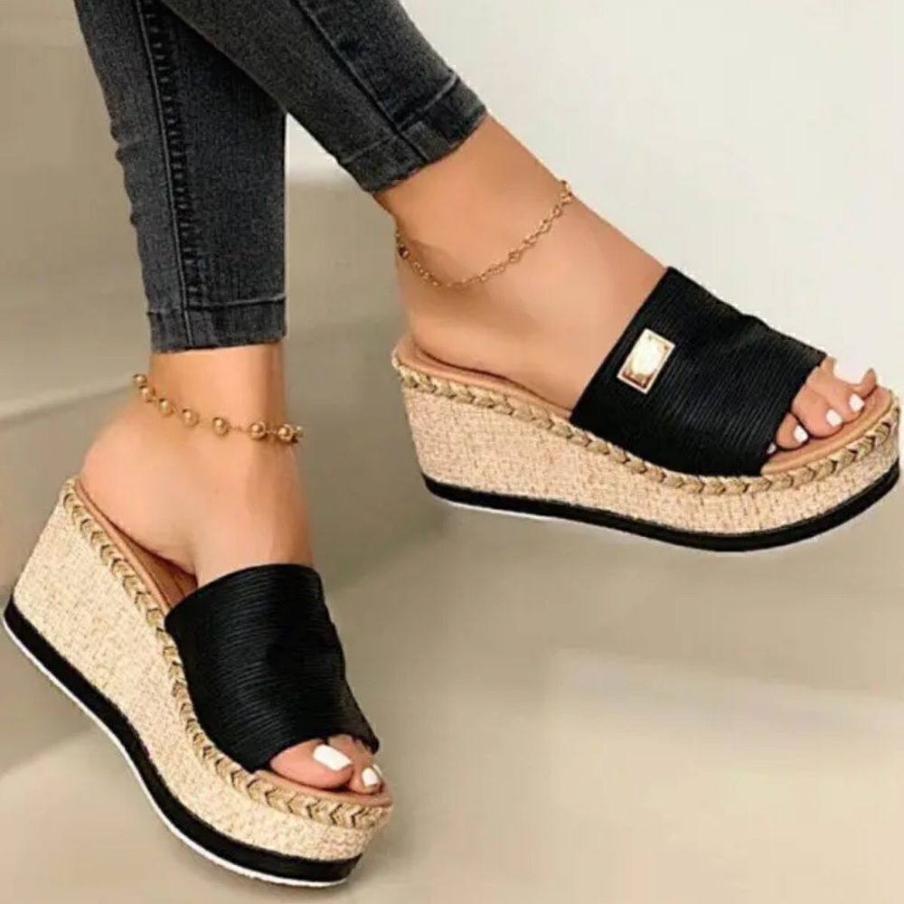 💼 Open Toe Casual Wedge Sandal Black Canvas - Picture 3 of 4